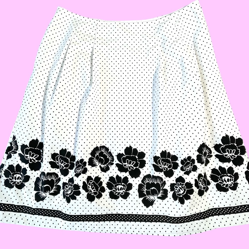 First Issue Liz Claiborne Cotton Black White Polka Dot Floral Trim Skirt Sz 12